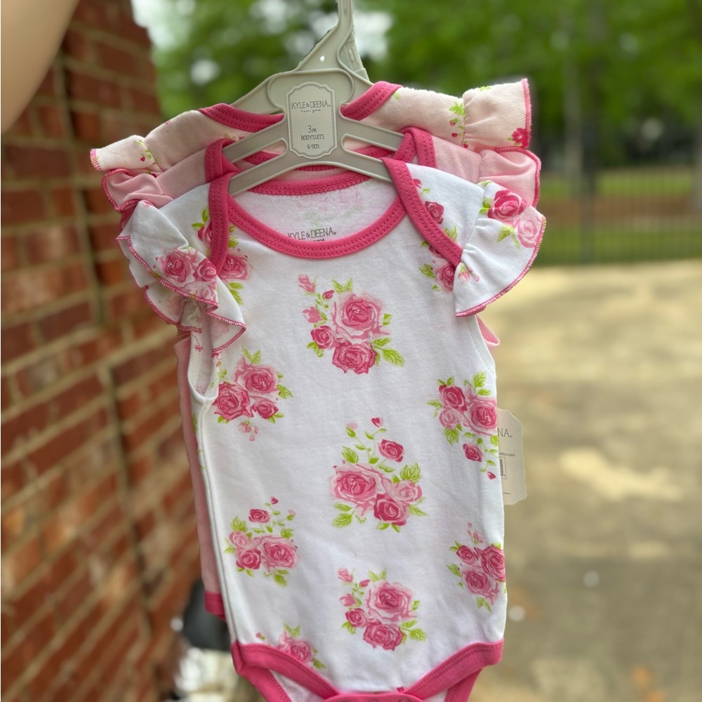 Set of 3 Floral Baby Bodysuits Set with Pink Trim